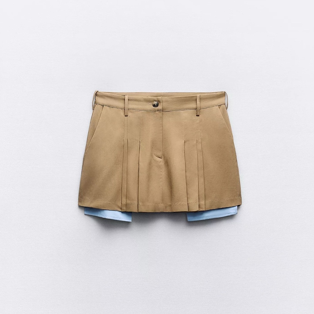 Tan Pleated Mini Skirt with Blue Layer